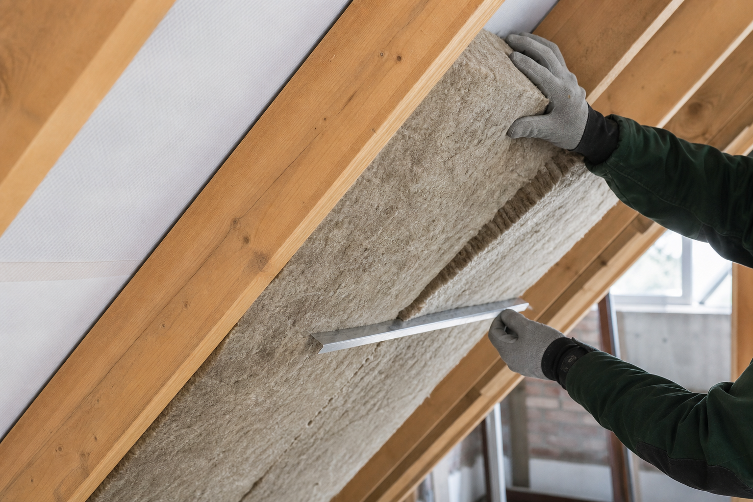 Vakman plaatst isolatiemateriaal tussen houten balken van een schuin dak