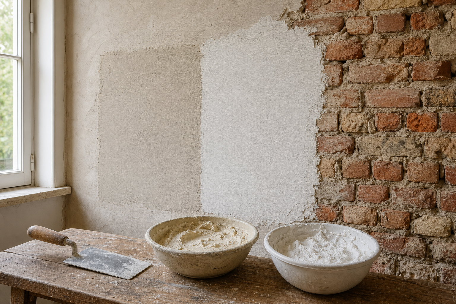 Oude bakstenen binnenmuur met een proefvlak kalkpleister en een proefvlak gips